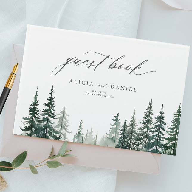 Rustic mountain green woodland pine forest wedding guest book (Creator Uploaded)