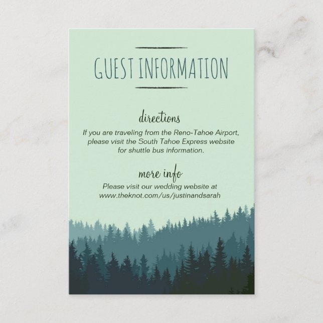 Rustic Mountain Guest Info Card in blue and green (Front)