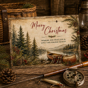 Rustic Mountain Lake Canoe Landscape Christmas Holiday Card