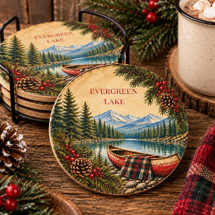 Rustic Mountain Lake Canoe Lodge Cabin Christmas Round Paper Coaster