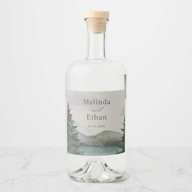 Rustic Mountain & Lake Evergreen Wedding  Liquor Bottle Label (Front)