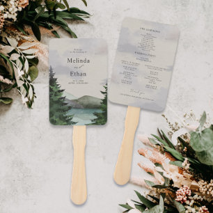 Rustic Mountain & Lake Evergreen Wedding Program Hand Fan