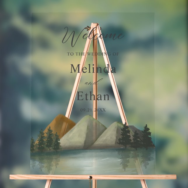 Rustic Mountain & Lake Evergreen Wedding Welcome Acrylic Sign (Neutral)