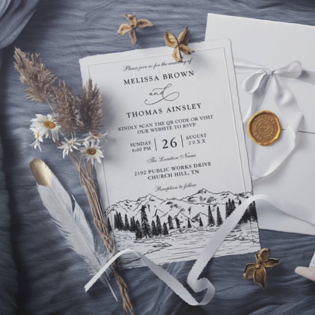 Rustic Mountain Lake Forest Budget QR Code Wedding Invitation (Creator Uploaded)