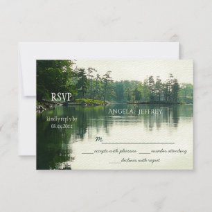 Rustic mountain lake heron silhouette wedding RSVP Card