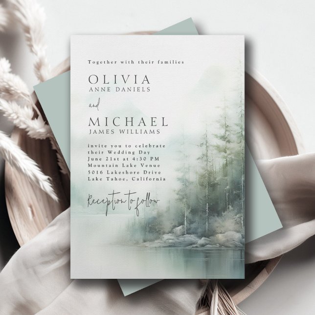 Rustic Mountain Lake Misty Pines Modern Wedding Invitation (Creator Uploaded)
