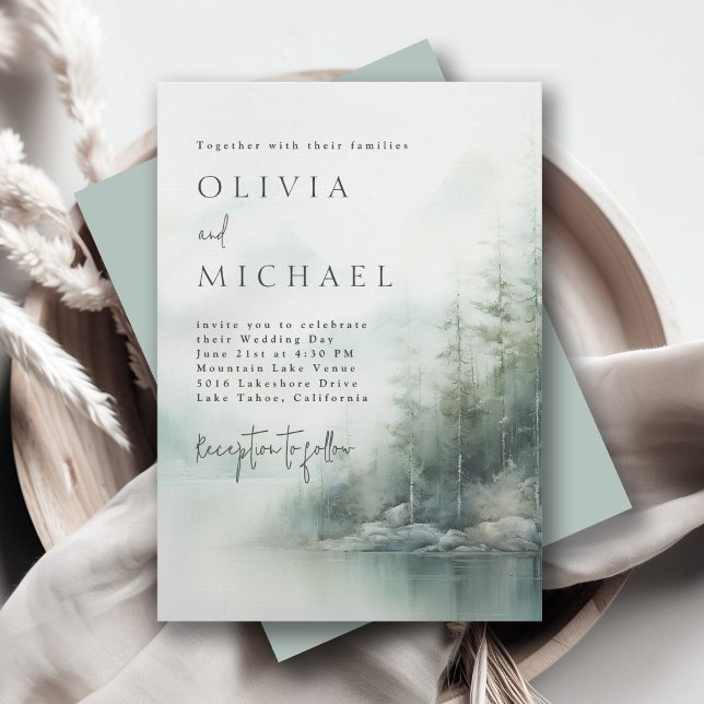 Rustic Mountain Lake Misty Pines Modern Wedding Invitation (Available in both printed and instant download digital formats.)