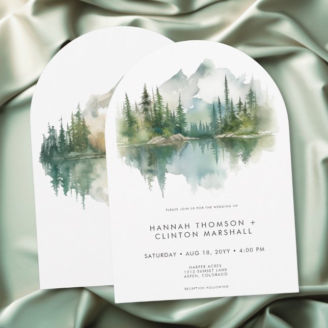 Rustic Mountain Lake Scene Watercolor Arch Wedding Invitation (Rustic Mountain Lake Scene Watercolor Arch Wedding Invitation)