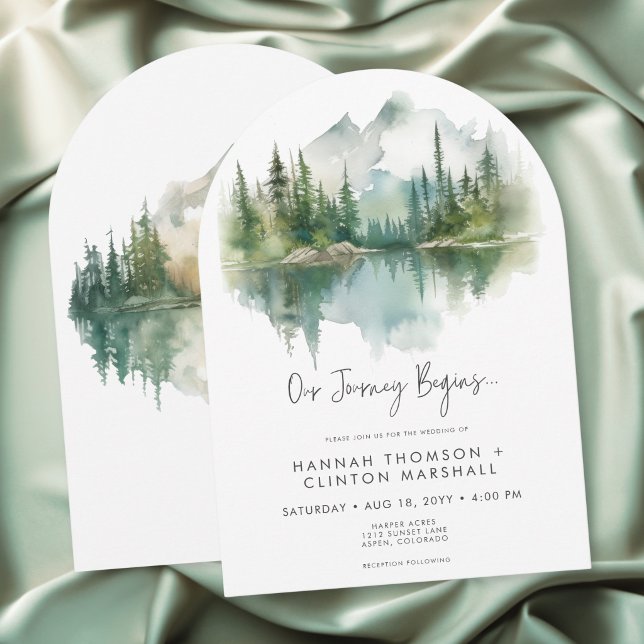 Rustic Mountain Lake Scene Watercolor Arch Wedding Invitation (Rustic Mountain Lake Scene Watercolor Arch Wedding Invitation)