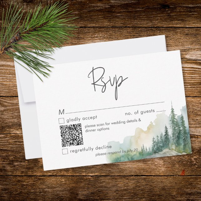 Rustic Mountain Lake Scene Watercolor QR Code RSVP Card (Rustic Mountain Lake Scene Watercolor QR Code RSVP Card)