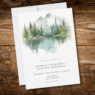 Rustic Mountain Lake Scene Watercolor Wedding Invitation