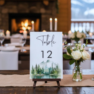 Rustic Mountain Lake Scene Watercolor Wedding Table Number