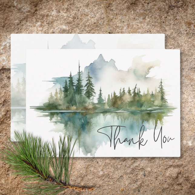 Rustic Mountain Lake Scene Watercolor Wedding Thank You Card (Rustic Mountain Lake Scene Watercolor Wedding Thank You Card)