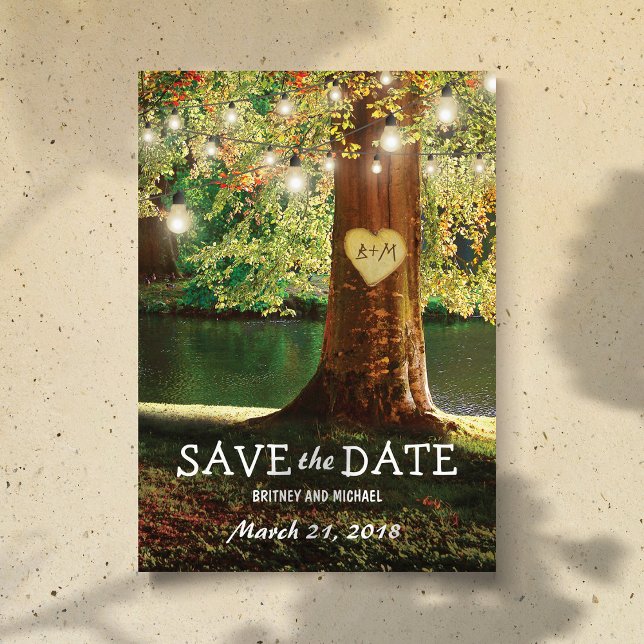 Rustic Mountain Lake Twinkle Lights Save the Date Announcement Postcard (Creator Uploaded)