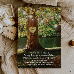 Rustic Mountain Lake Twinkle Lights Wedding Invitation