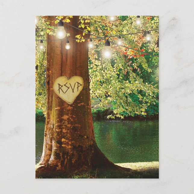 Rustic Mountain Lake Twinkle Lights Wedding RSVP Invitation Postcard (Front)