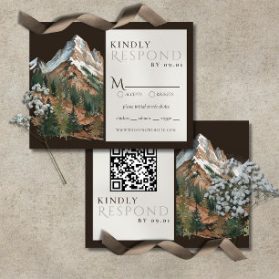 Rustic Mountain Landscape Watercolor Wedding QR  RSVP Card