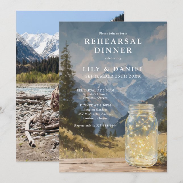 Rustic Mountain Mason Jar Photo Rehearsal Dinner Invitation (Front/Back)