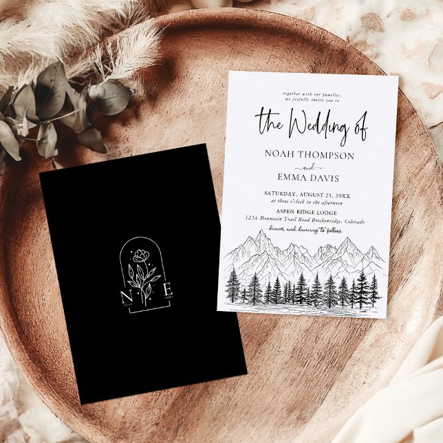 Rustic Mountain Pine Black White Minimal Wedding Invitation (Creator Uploaded)