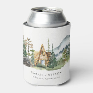 Rustic Mountain Pine Forest Wood Cabin Wedding Can Cooler