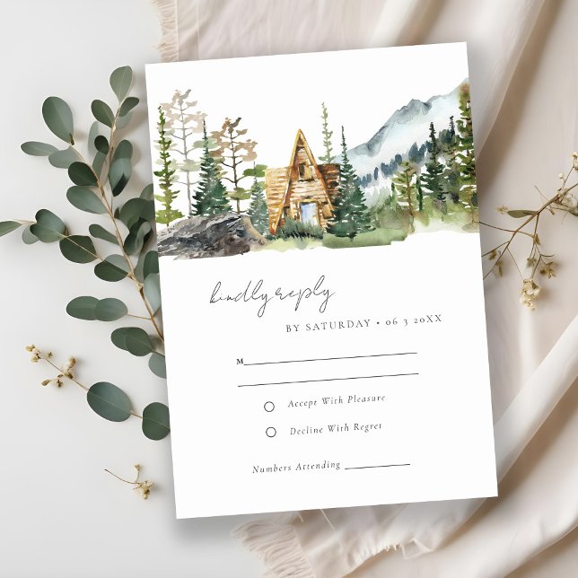 Rustic Mountain Pine Forest Wood Cabin Wedding RSVP Card (Creator Uploaded)