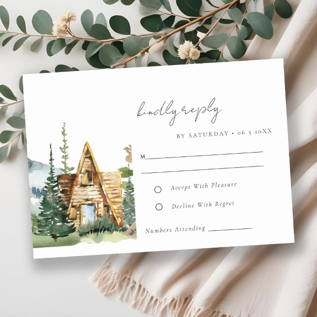 Rustic Mountain Pine Forest Wood Cabin Wedding RSVP Card (Creator Uploaded)