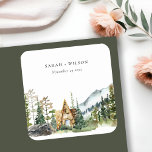 Rustic Mountain Pine Forest Wood Cabin Wedding Square Sticker<br><div class="desc">Rustic Mountain Forest Wood Cabin Theme Collection.- it's an elegant script watercolor Illustration of  mountain cabin pine forest Perfect for your Country destination wedding & parties. It’s very easy to customise,  with your personal details. If you need any other matching product or customisation,  kindly message via Zazzle.</div>