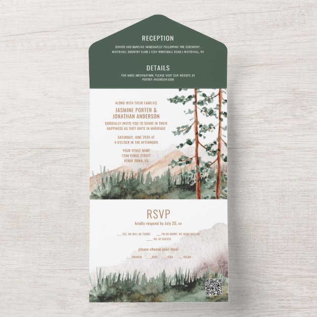 Rustic Mountain Pine Tree Fog Wedding QR Code All In One Invitation (Inside)