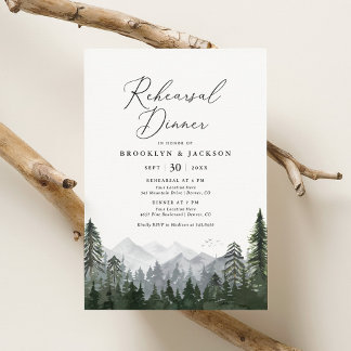  Rustic Mountain Pine Tree Rehearsal Dinner Invitation