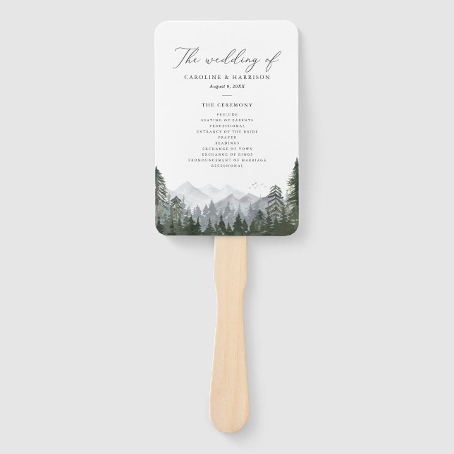 Rustic Mountain Pine Tree Wedding Program Hand Fan (Front)
