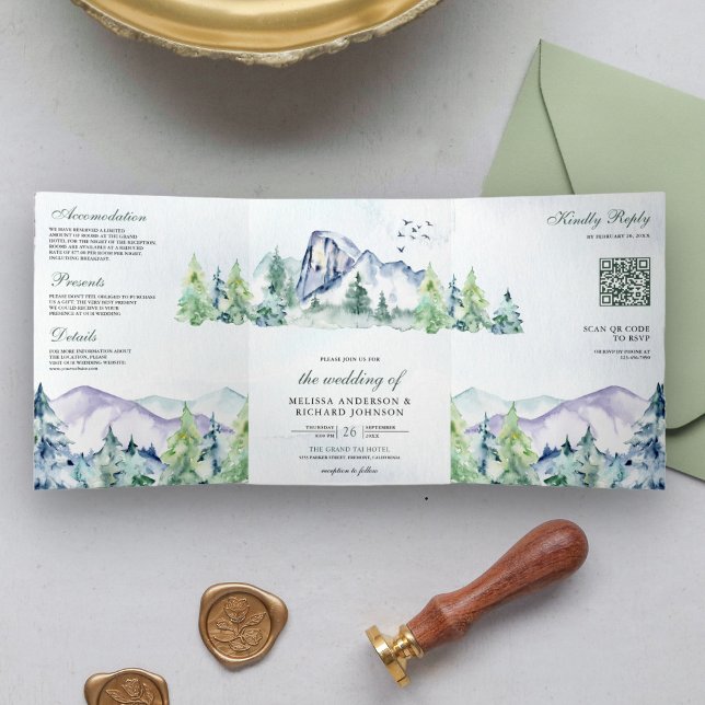 Rustic Mountain Pine Trees Forest QR Code Wedding Tri-Fold Invitation (Creator Uploaded)