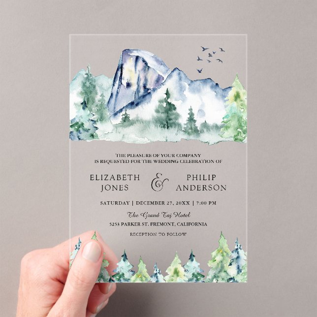 Rustic Mountain Pine Trees Forest Wedding Acrylic Invitations (Insitu (Handheld))