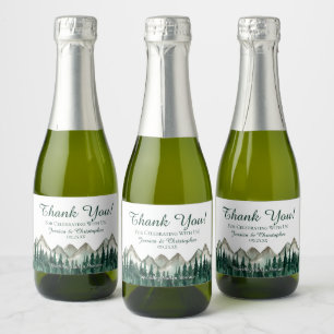 Rustic Mountain & Pine Wedding Thank You Mini Sparkling Wine Label
