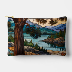 Rustic mountain range landscape stain glass accessory pouch
