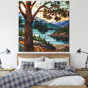 Rustic mountain range landscape stain glass  canvas print