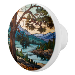 Rustic mountain range landscape stain glass ceramic knob