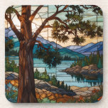 Rustic mountain range landscape stain glass  coaster<br><div class="desc">A majestic mountain landscape view designed in luminous stain glass.</div>