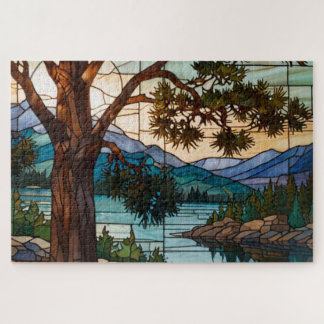 Rustic mountain range landscape stain glass  jigsaw puzzle