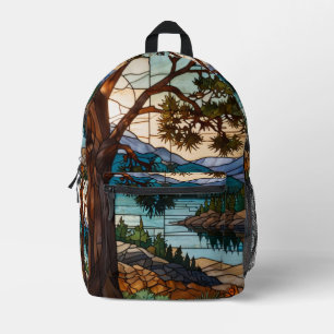 Rustic mountain range landscape stain glass printed backpack