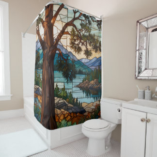 Rustic mountain range landscape stain glass  shower curtain