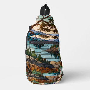 Rustic mountain range landscape stain glass sling bag