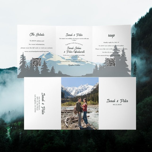 Rustic Mountain Range Pine Forest QR Code Wedding Tri-Fold Invitation (Creator Uploaded)