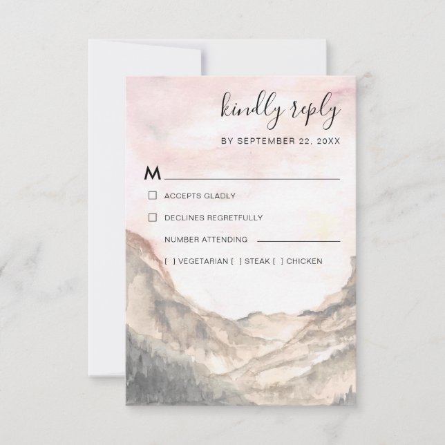 Rustic Mountain Range Watercolor Pink Meal Choice RSVP Card (Front)