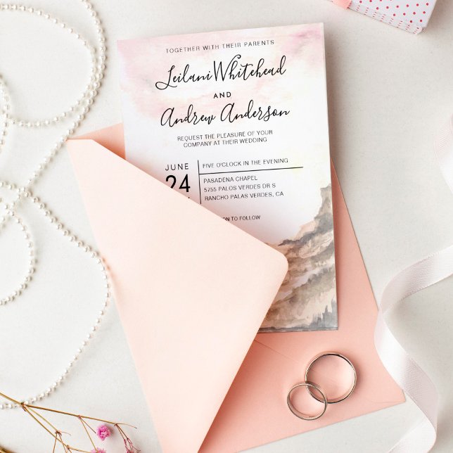 Rustic Mountain Range Watercolor Pink Sky Wedding Invitation (Creator Uploaded)
