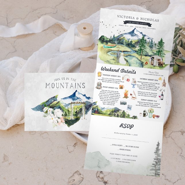 Rustic Mountain River Forest | Illustrated Wedding Tri-Fold Invitation (Creator Uploaded)