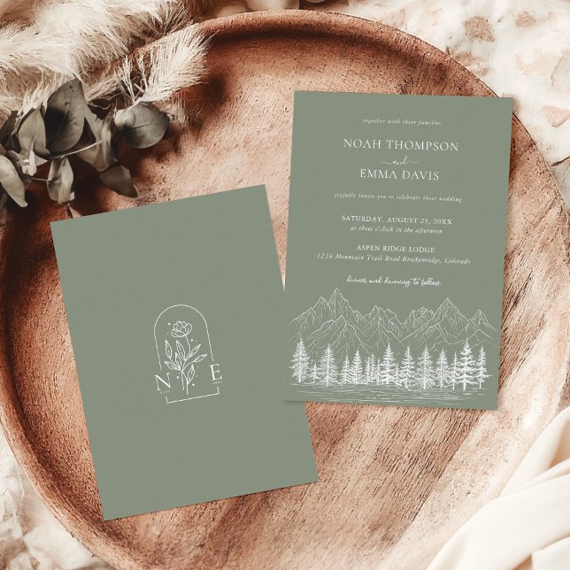 Rustic Mountain Sketch Pine Sage Green Wedding Invitation (Creator Uploaded)