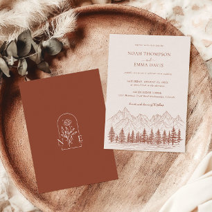 Rustic Mountain Sketch Pine Terracotta Wedding Invitation
