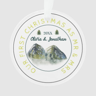 Rustic Mountain Tree First Christmas As Mr & Mrs  Ornament