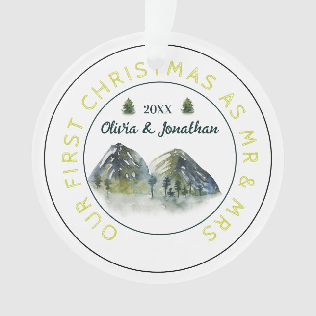 Rustic Mountain Tree First Christmas As Mr & Mrs  Ornament (Front)
