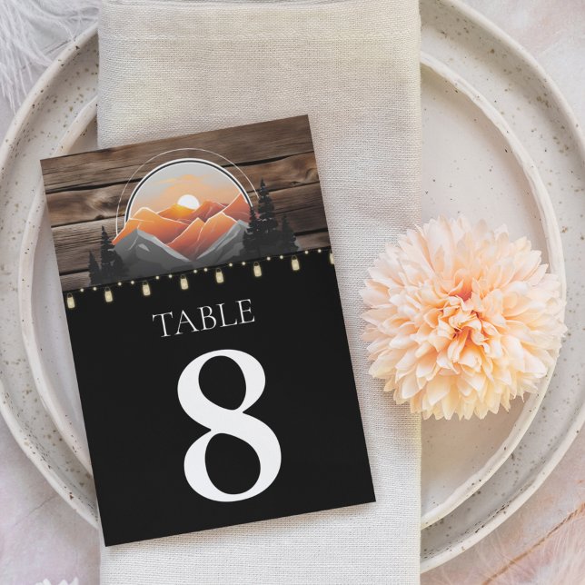 Rustic Mountain Valley Forest Sunset Wedding  Table Number (Rustic Mountain Landscape Summer Mason Jar Lights Table Numbers)